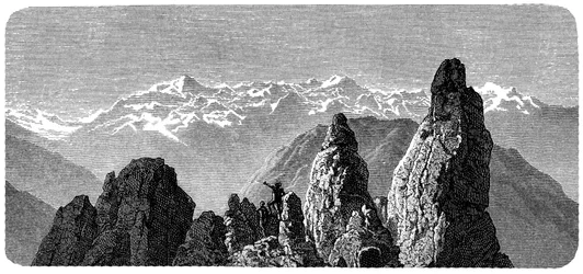 Berggipfel namens Pierre a Voir in der Nähe der Bäder von Saxon in den Walliser Alpen. Illustration von Emile Bayard für Albert Dupaignes Buch „Les Montagnes“, Ausgabe Mame 1881.