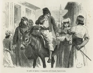 Die Leproux-Quest in Chio, Zeichnung von Emile Bayard, zur Illustration der Geschichte „Die Insel Chio“ (Osttürkei), 1877, von Dr. A. Testevuide. Gravur in Le Tour du Monde