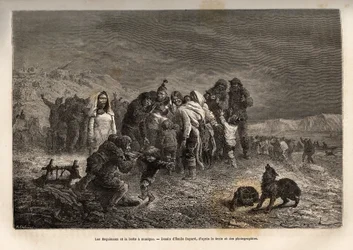 Das Erstaunen der Eskimos beim Entdecken der Spieluhren in der Nähe von Friedrichsthal (Grönland), graviert nach der Zeichnung von Emile Bayard, zur Illustration der Reise der Schiffe La Germania und La Hansa zum Nordpol in den Jahren 1869-1870, von Kapitä