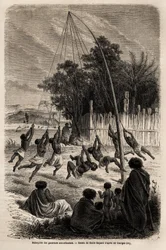 Die Schaukel der neuseeländischen Krieger auf der Landenge von Auckland, Zeichnung von Emile Bayard, zur Illustration von Ferdinand de Hochstetters Reise nach Neuseeland von 1858 bis 1860. Gravur in „Le tour du monde“, herausgegeben von Edouard Charton