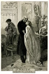 Victor Hugo "Die Elenden", "Der letzte Schluck aus dem Kelch". Illustration von Emile Bayard. Der ehemalige Sträfling Jean Valjean wurde alt mit Cosette und Marius. Gravur der Ollendorff-Ausgabe 1906