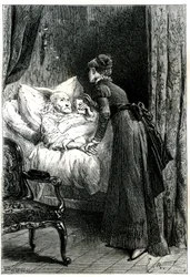 Junge Frau, die sich um einen alten Mann kümmert, der in seinem Bett unter einem an der Wand hängenden Kruzifix stirbt. Der Sterbende hält seine letzten Empfehlungen (Testament) in der Hand. Gravur von Emile Bayard, illustriert Jules Sandeaus Buch „Mademoi