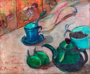 Stillleben mit Teekanne, Tasse und Obst