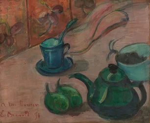 Stillleben mit Teekanne, Tasse und Früchten