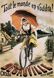 Vintage-Plakat einer Frau, die Fahrrad fährt und einen roten Regenschirm hält