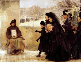 Allerheiligen. Eine trauernde Familie auf dem Weg zum Friedhof gibt einem alten Mann, der um Almosen bittet, eine Münze. 1888, 2,54 x 3,34 m, Nancy, Musée des Beaux-Arts