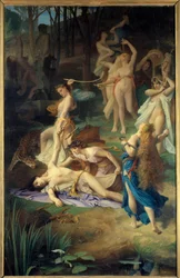 Der Tod des Orpheus. Die Bacchantinnen (oder Mänaden) zerreißen Orpheus in Stücke. Gemälde von Émile Lévy (1826-1890)