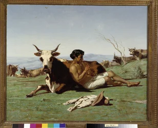 Junger Hirte spielt Flöte. Gemälde von Emile Loubon (1809-1863). Obligatorische Erwähnung: Sammlung Fondation Regards de Provence, Marseille