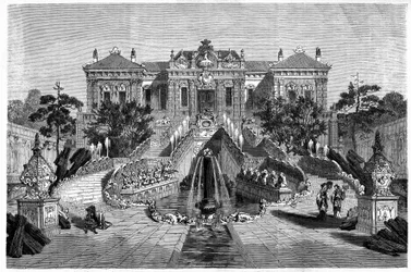 Haiyan Tang Pavillon hat westliche Architektur im Ete-Palast in Peking. Gravur nach einer Zeichnung von Therond, in "Le Tour du Monde, Nouveau journal des Voyages", herausgegeben von Edouard Charton, Paris
