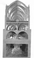 Querschnittsansicht der Küche, Keller und Katakomben der Napoleon-Sekundarschule in Paris (Gravur)