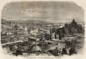 Ansicht von Tiflis (oder Tbilisi), Zeichnung von Therond, zur Illustration der Reise von Herrn Moynet zum Schwarzen Meer und zum Kaspischen Meer im Jahr 1858. Gravur in „Le tour du monde, nouveau journal des voyages“ Paris.