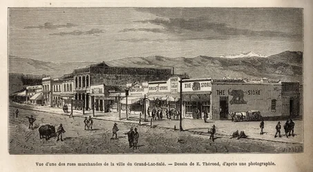 Ansicht einer der Einkaufsstraßen der Stadt Salt Lake City (Utah, USA), graviert nach der Zeichnung von E. Therond, zur Illustration der Reise von Washington nach San Francisco, 1868, von L. Simonin, veröffentlicht in „Le tour du monde“ 1874, herausgegeben