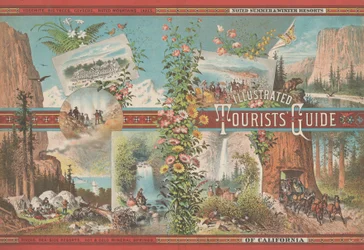 Bucheinband eines illustrierten Reiseführers zu bekannten Sommer- und Winterurlaubsorten in Kali..., ca. 1870-80.