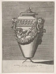 Antike Deckelurne mit einem Motiv aus Diamantringen und Löwen, aus Vasen ..., 1543 oder später