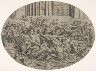 Kampf zwischen Amazonen und Männern vor architektonischen Arkaden, eine ovale Komposition (1543)
