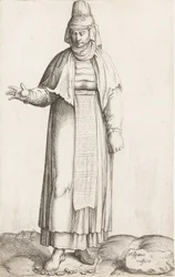 Kostümplatte: Hispana Rustica mit Etikett auf Felsen, ca. 1557-58