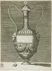 Vase mit zwei grotesken Masken, Tafel sechs aus einer Serie von Vasen nach dem Antiken