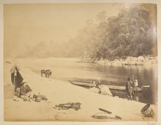 Fähre auf dem Teesta, in der Nähe von Bheerkotee. Ansichten von Darjeeling. 1870er Jahre
