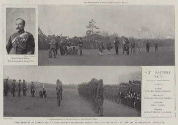 Für Tapferkeit bei Sannas Post, Lord Roberts überreicht Medaillen und eine Statuette an die Q-Batterie in Woolwich, 13. Januar