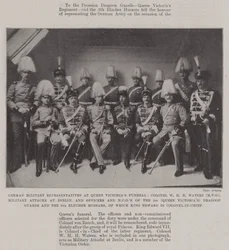 Deutsche Militärvertreter beim Begräbnis von Königin Victoria, Oberst W H H Waters (MVO), Militärattaché in Berlin, und Offiziere und Unteroffiziere der 1. (Königin Victorias) Dragoner und der 5. Bluche