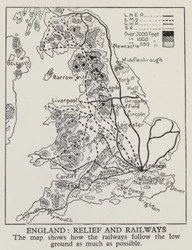 Karte, die zeigt, wie Eisenbahnen in England möglichst dem Tiefland folgen