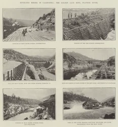 Flussbett-Bergbau in Kalifornien, die Golden Gate Mine, Feather River