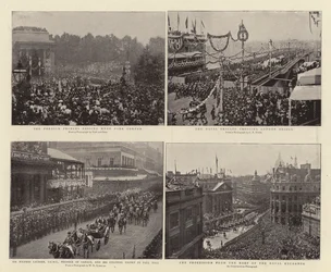 Die ausländischen Prinzen passieren Hyde Park Corner, Sir Wilfrid Laurier, GCMG, Premierminister von Kanada, und die Kolonialeskorte in Pall Mall, die Marinebrigade überquert die London Bridge, die Prozession vom Dach des