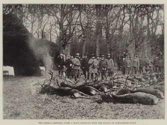 Der deutsche Kaiser nach einem Jagdtag mit dem Prinzen von Schaumburg-Lippe