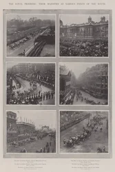 Der königliche Fortschritt, ihre Majestäten an verschiedenen Punkten der Route