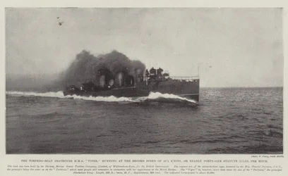 Der Torpedoboot-Zerstörer HMS Viper, der mit einer Rekordgeschwindigkeit von 35,5 Knoten oder fast einundvierzig Meilen pro Stunde fährt