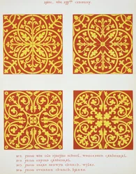 Fliesendesigns aus dem 13. Jahrhundert, Illustration aus Specimens of Tile Pavements, gezeichnet von bestehenden Autoritäten, von Henry Shaw, 1858