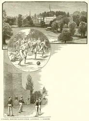 1. Harrow, von den Spielfeldern. 2. Fußball. 3. Rackets