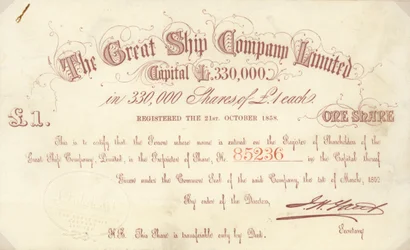 Eine £1-Aktie, ausgegeben von The Great Ship Company Limited