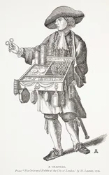 Ein Hausierer, aus The Cries and Habits of the City of London von M. Lauren, 1709, Frontispiz-Illustration aus Chap-books of the Eighteenth Century von John Ashton, veröffentlicht 1882