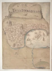 Ein farbiger Plan oder Vogelperspektive von Scarborough Town und Castle