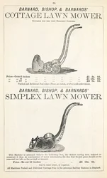 Ein Cottage und Simplex Rasenmäher, Illustration aus einem Gartenkatalog, veröffentlicht von Barnard Bishop & Barnard, 1878