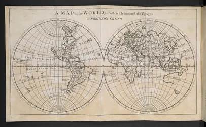 Eine Weltkarte, auf der die Reisen von Robinson Crusoe dargestellt sind