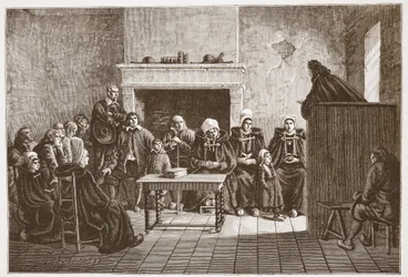 Ein protestantischer Pastor spricht eine geheime Versammlung von Hugenotten an, Illustration aus The History of Protestantism von James Aitken Wylie, veröffentlicht 1878