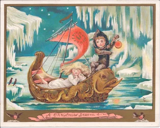 Viktorianische Weihnachtskarte mit einem Mädchen als Fee, das in einem kunstvollen Delfinboot auf einem gefrorenen Meer schläft, während ein Junge als Fee eine Lampe hält, ca. 1880
