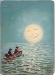 Eine viktorianische Weihnachtskarte von zwei Jungen in einem Ruderboot bei Mondschein, ca. 1880