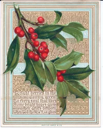 Eine viktorianische Weihnachtskarte mit einem Stechpalmenzweig, der ein Gedicht bedeckt. Veröffentlicht von Marcus Ward, um 1880