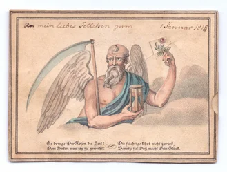 Viktorianische Grußkarte des Sensenmanns mit Sense und Sanduhr, der eine Rose hält, um 1815 (Farblitho)