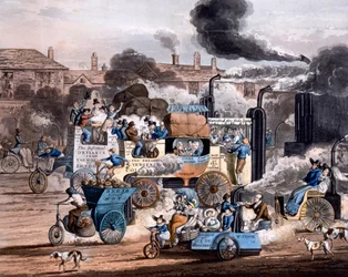 Ansicht in der White Chapel Road 1830, aus The Progress of Steam - Aikens Illustration of Modern Prophecy 1828