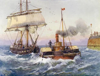 Eine Brigg wird in den Hafen geschleppt (Farblithographie)