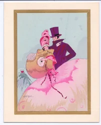 Handkolorierte französische Pochoir-Weihnachtskarte einer Regency-Dame mit Muff, begleitet von einem Herrn im Zylinder, um 1920