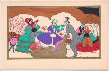 Eine handkolorierte französische Pochoir-Weihnachtskarte von viktorianischen Eisläufern mit einem Schlitten, um 1920