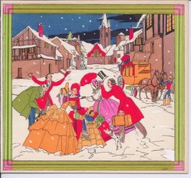 Handkolorierte französische Pochoir-Weihnachtskarte einer viktorianischen Reisegruppe in Winterkleidung, die sich begrüßt, ca. 1920