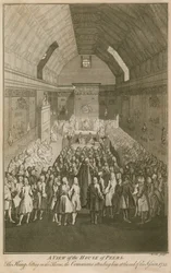 Eine Ansicht des House of Peers, der König sitzt auf dem Thron