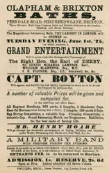 Werbung für Clapham und Brixton Baths, Ferndale Road, Shepherds Lane, Brixton, London; mit Captain Boyton