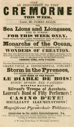 Werbung für das Auftreten von Seelöwen und Löwinnen in den Cremorne Gardens, London im Jahr 1848